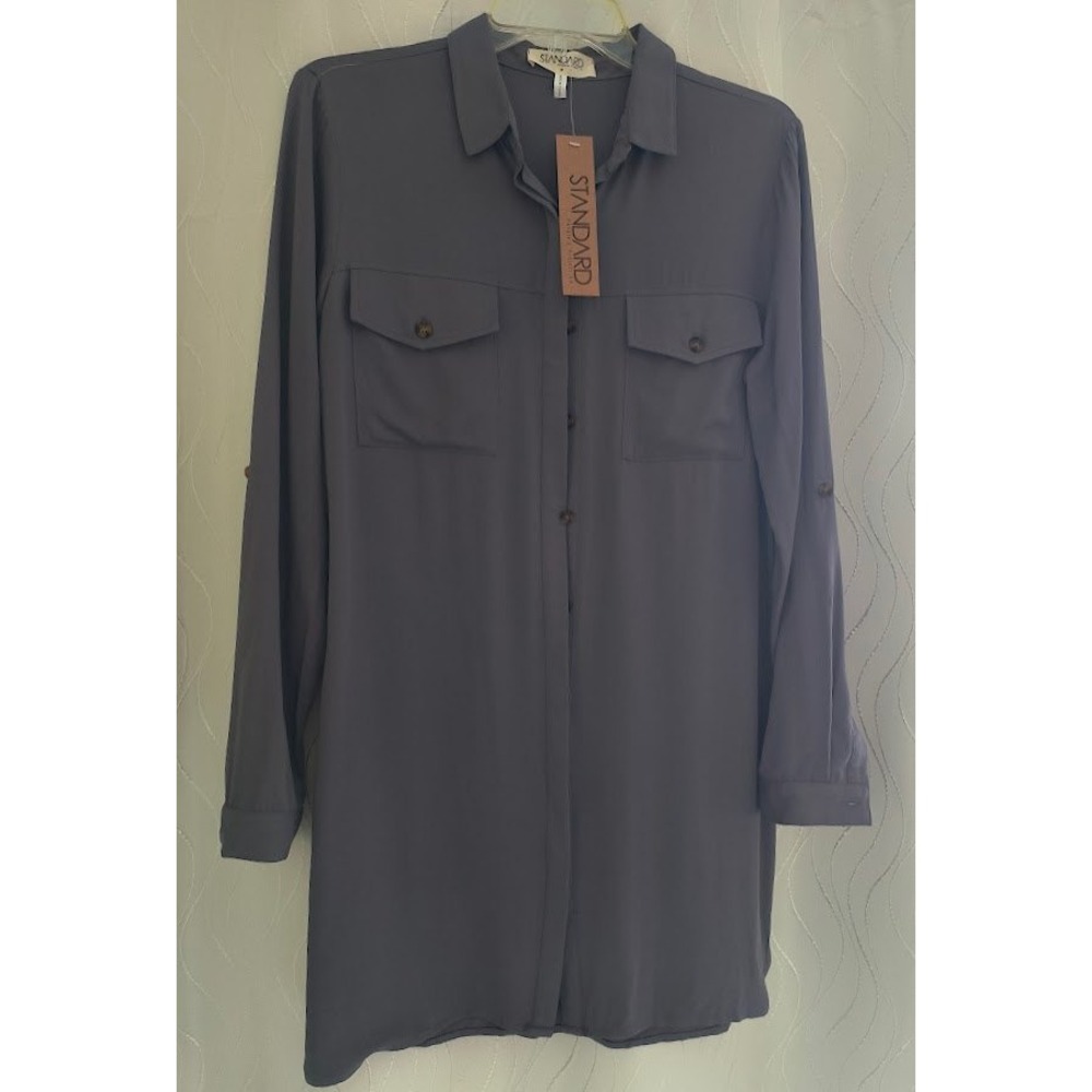 STANDARD Women's Grey Long Sleeve Button Up Shirt Dress Double Pocket Size M NWT